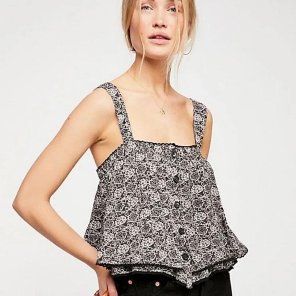 Free People Sweet Caroline Tank Top ruffle black white‎ floral sleeveless boho